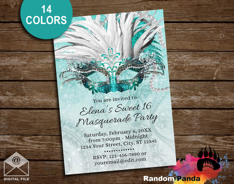 Masquerade Party Invitation, Sweet 16, Quinceañera Invite, Choose Color