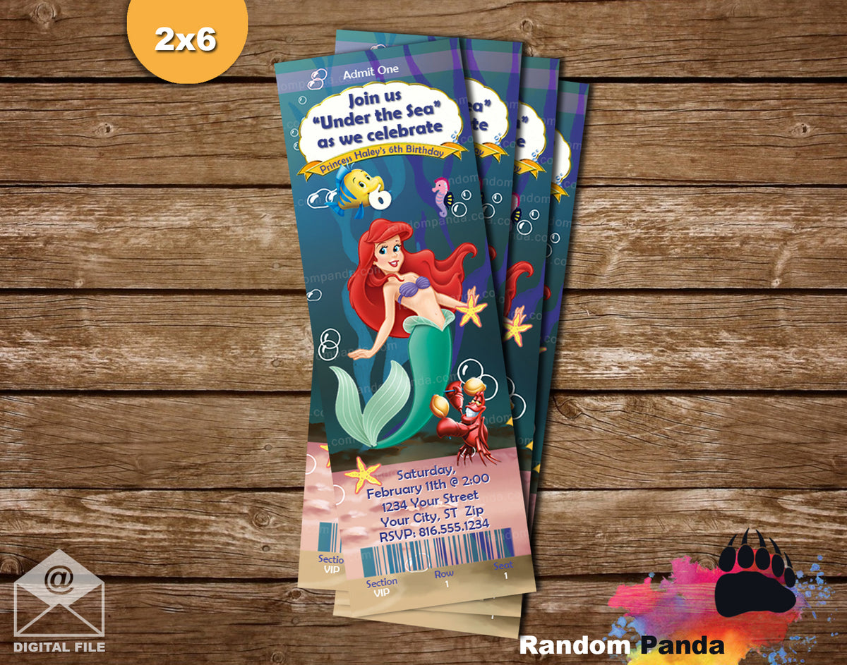 Little Mermaid Tail Birthday Party Ticket Invitation – Random Panda, image size:1200x943