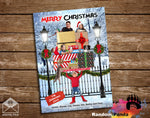 Christmas-themed family photo collage with presents and decorations on a wooden background