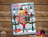 Christmas-themed family photo collage with presents and decorations on a wooden background