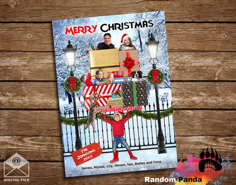 Christmas-themed family photo collage with presents and decorations on a wooden background
