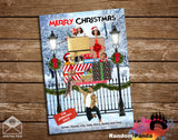 funny Christmas-themed card with people and pets on a wooden background