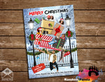 Christmas-themed greeting card with people and pets on a snowy forest background.