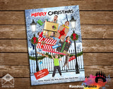 funny Christmas-themed card with people and presents on a snow tree background.