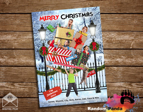 funny Christmas-themed card with people and presents on a snow tree background.