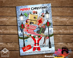 Christmas-themed poster with Santa Claus and children on a wooden background