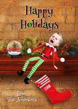 Funny Christmas Card, Elf Family Pushed Off Mantel
