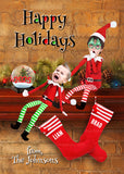 Funny Christmas Card, Elf Family Pushed Off Mantel