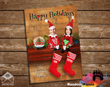 Funny Personalized holiday Christmas card with elves and stockings on a wooden background