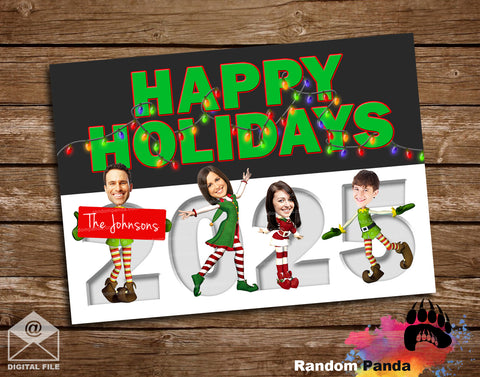 Funny Christmas Holiday card with personalized family photos turned into elves.