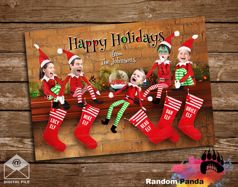 Funny Personalized Christmas card with Family photos on elves on a shelf with a wooden background