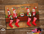 Funny Personalized holiday Christmas card with family on elves photo, stockings, and snow globe on a wooden background.