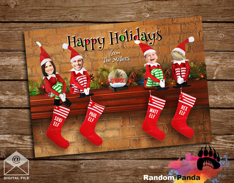 Funny Personalized holiday Christmas card with family on elves photo, stockings, and snow globe on a wooden background.