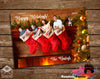 Personalized Christmas stocking photo with family on a wooden background