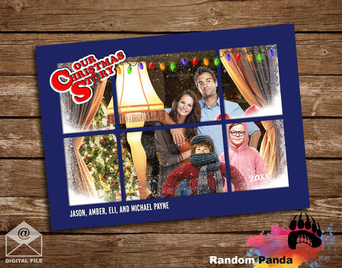 Personalized Christmas photo card with family photos and festive elements on a wooden background.
