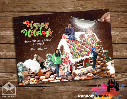 Funny Build a Gingerbread house-themed Christmas holiday card with family.