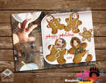 Funny Christmas Holiday card with gingerbread family design on a wooden surface, featuring baby hand and a broken leg. "Oh Snap"