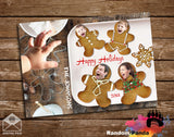 Funny Christmas Holiday card with gingerbread family design on a wooden surface, featuring baby hand.