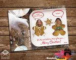 Funny Christmas-themed card with gingerbread people on a wooden surface.