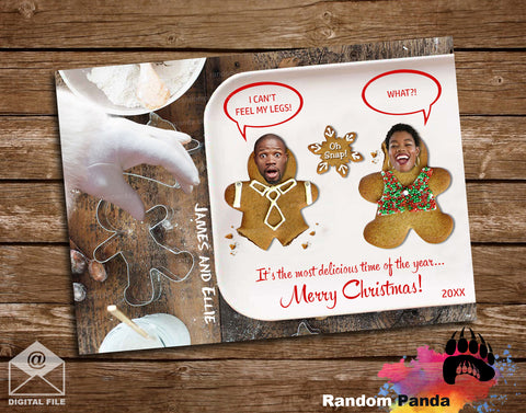 Funny Christmas-themed card with gingerbread people on a wooden surface.