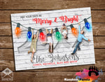Funny Christmas Card, Hanging from Xmas Lights