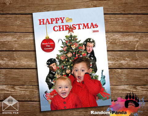 Funny Home Alone Movie Christmas card with children and the original burglars