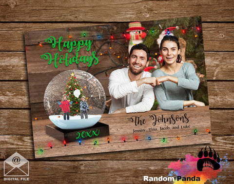 Personalized Funny Christmas holiday card with Parent's and children trapped inside of a snow globe on a wooden background.