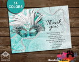 Masquerade Party Thank You Card, Sweet 16, Quinceañera Invite, Choose Color