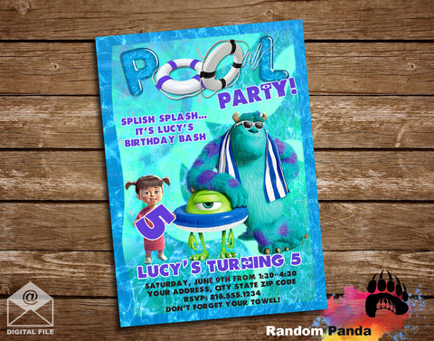 Monsters Inc Purple Birthday Pool Party Invitation