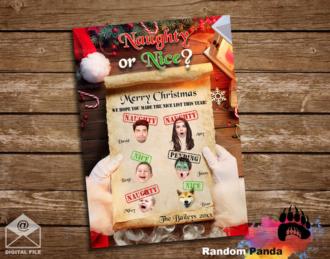 Funny naughty or nice Christmas themed photo card with names and photos on scroll.