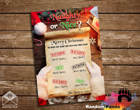 Funny Christmas-themed Card 'Naughty or Nice?' list on a wooden background