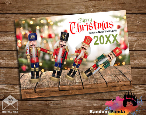 Funny Christmas card with family turned into nutcrackers on a wooden background