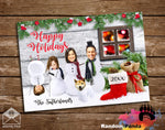 Funny Christmas themed photo card with family turned into snowmen and a dog on a wooden background