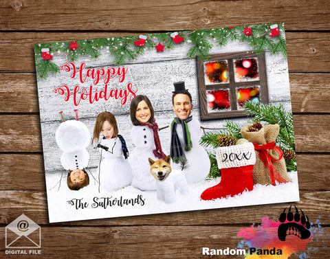 Funny Christmas themed photo card with family turned into snowmen and a dog on a wooden background