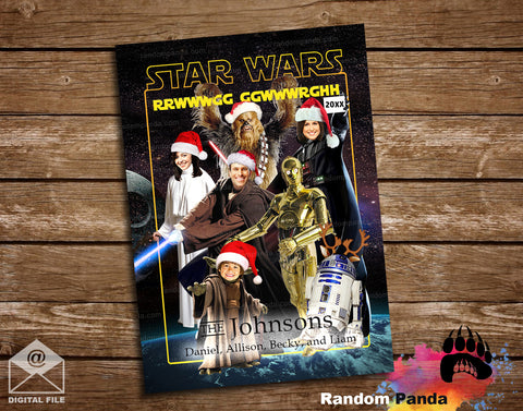 Personalized Funny Star Wars Christmas family photo with characters on a outer space background