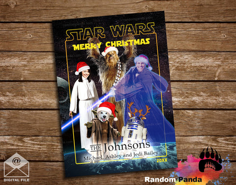 Funny Christmas-themed Star Wars family photo card death star background.