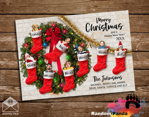 Funny Christmas Card, Family Inside Stockings Falling from Wreath