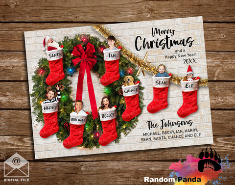 Funny Christmas Card, Family Inside Stockings Hanging from Wreath