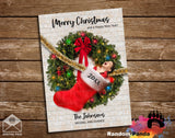 Funny Christmas Card, Family Inside Stockings Falling from Wreath