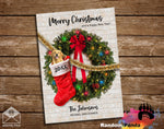 Funny Christmas Card, Family Inside Stockings Hanging from Wreath