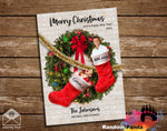Funny Christmas Card, Family Inside Stockings Falling from Wreath