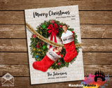 Funny Christmas Card, Family Inside Stockings Falling from Wreath