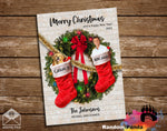 Funny Christmas Card, Family Inside Stockings Hanging from Wreath