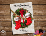 Funny Christmas Card, Family Inside Stockings Hanging from Wreath