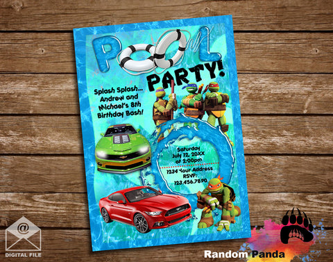 Hot Wheels TMNT Double Birthday Pool Party Invitation
