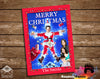 Christmas card with a person in a Santa costume and family photo on a wooden background