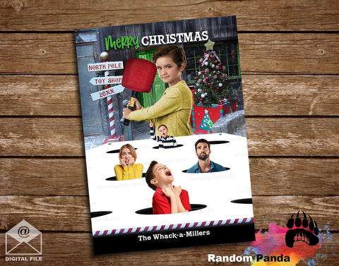 Christmas-themed photo greeting card with family members Whack a mole and a Christmas tree on a wooden background.