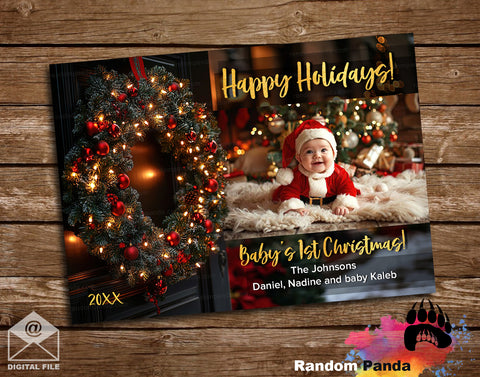 Baby's 1st Christmas Card, Gold Wreath Holiday Greeting Card