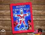 Christmas card with a person in a Santa outfit on a wooden background