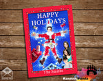 Happy Holidays card with Santa Claus and family on a wooden background